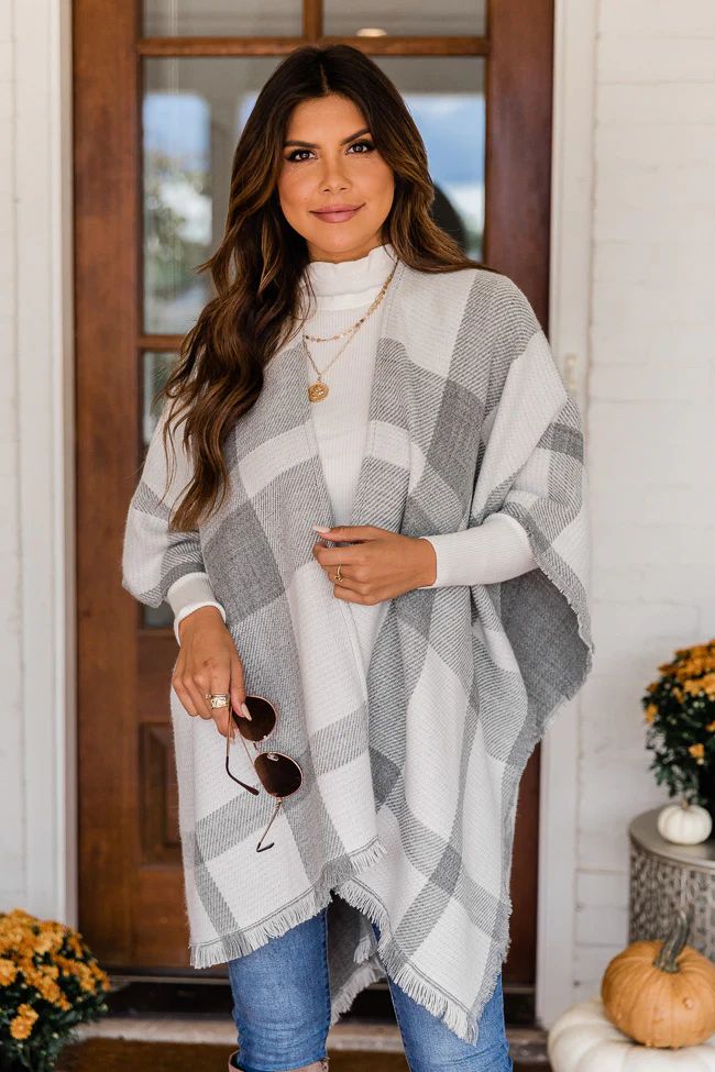 Behind The Scenes Grey Plaid Poncho | The Pink Lily Boutique