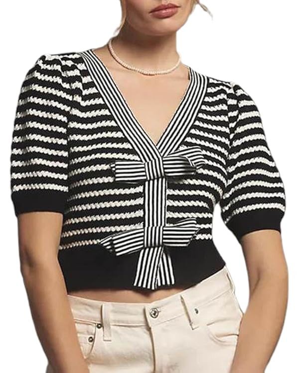 Women's Striped Knit Tops Y2K Short Puff Sleeve V Neck Bow Front Crop Sweater Shirt Casual Slim B... | Amazon (US)