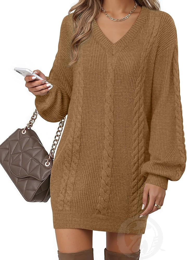 Women's Pullovers Jumper Sweaters Lantern Sleeve Casual V Neck Fall Knit Mini Sweater Dresses | Amazon (US)