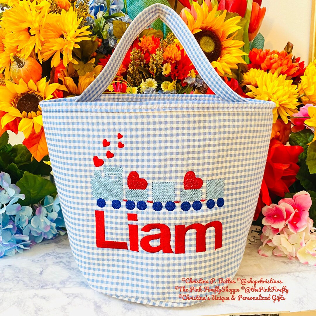 Personalized Blue Gingham Valentine's Basket: Train Design | Etsy (US)