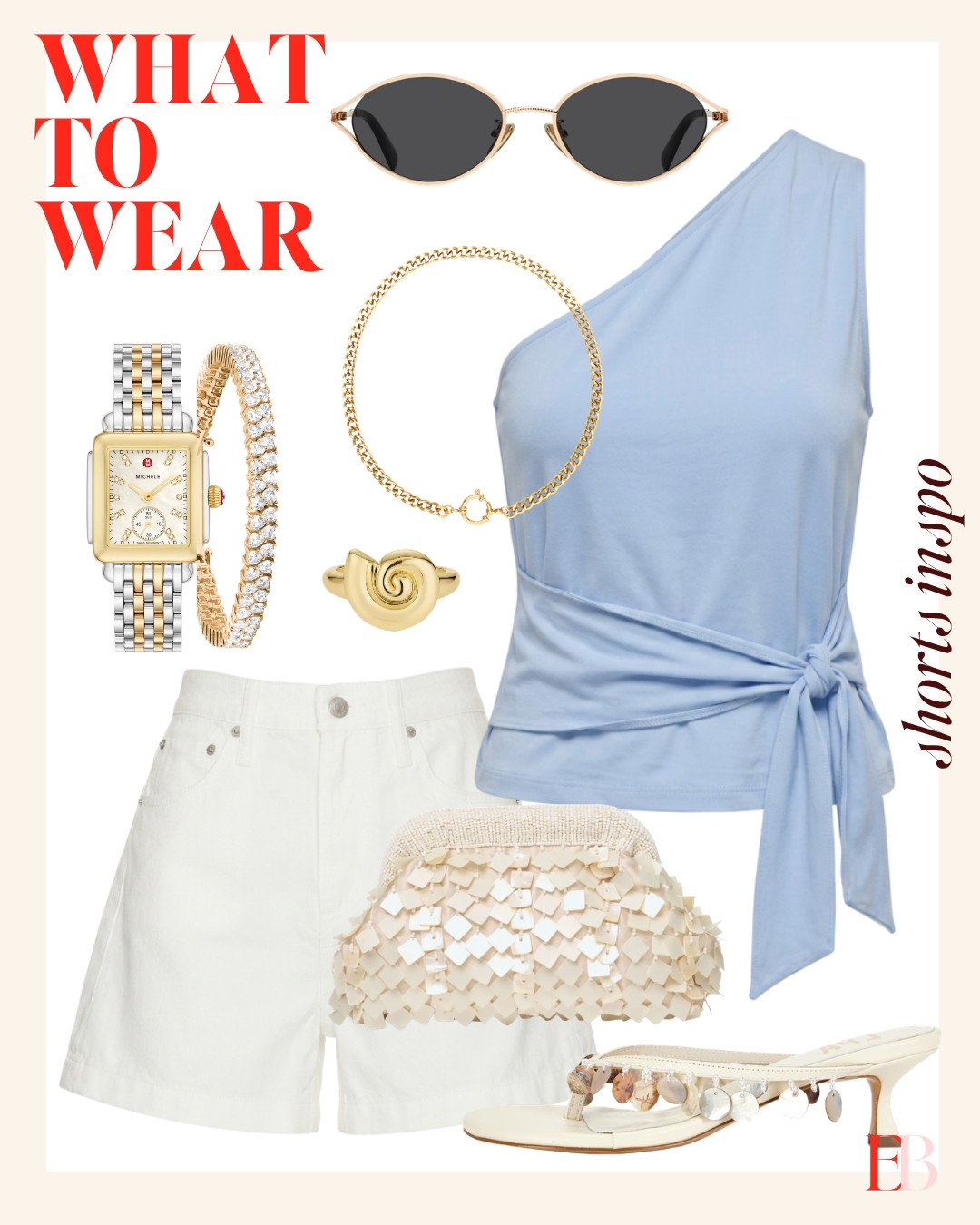 light blue + white is the summer color combo we should all be wearing 💙🤍 one shoulder tie top, white denim shorts, and the prettiest embellished sandals to finish it off. 

 #LTKootd #LTKSeasonal