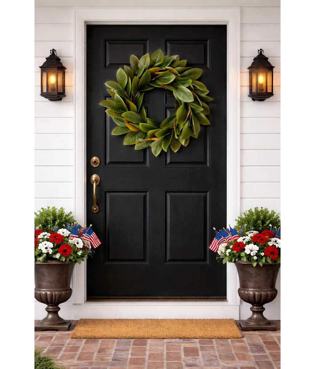 20" Artificial Farmhouse Blossom Cluster Greenery Magnolia Leaves Everyday Front Door Wreath | Wayfair North America