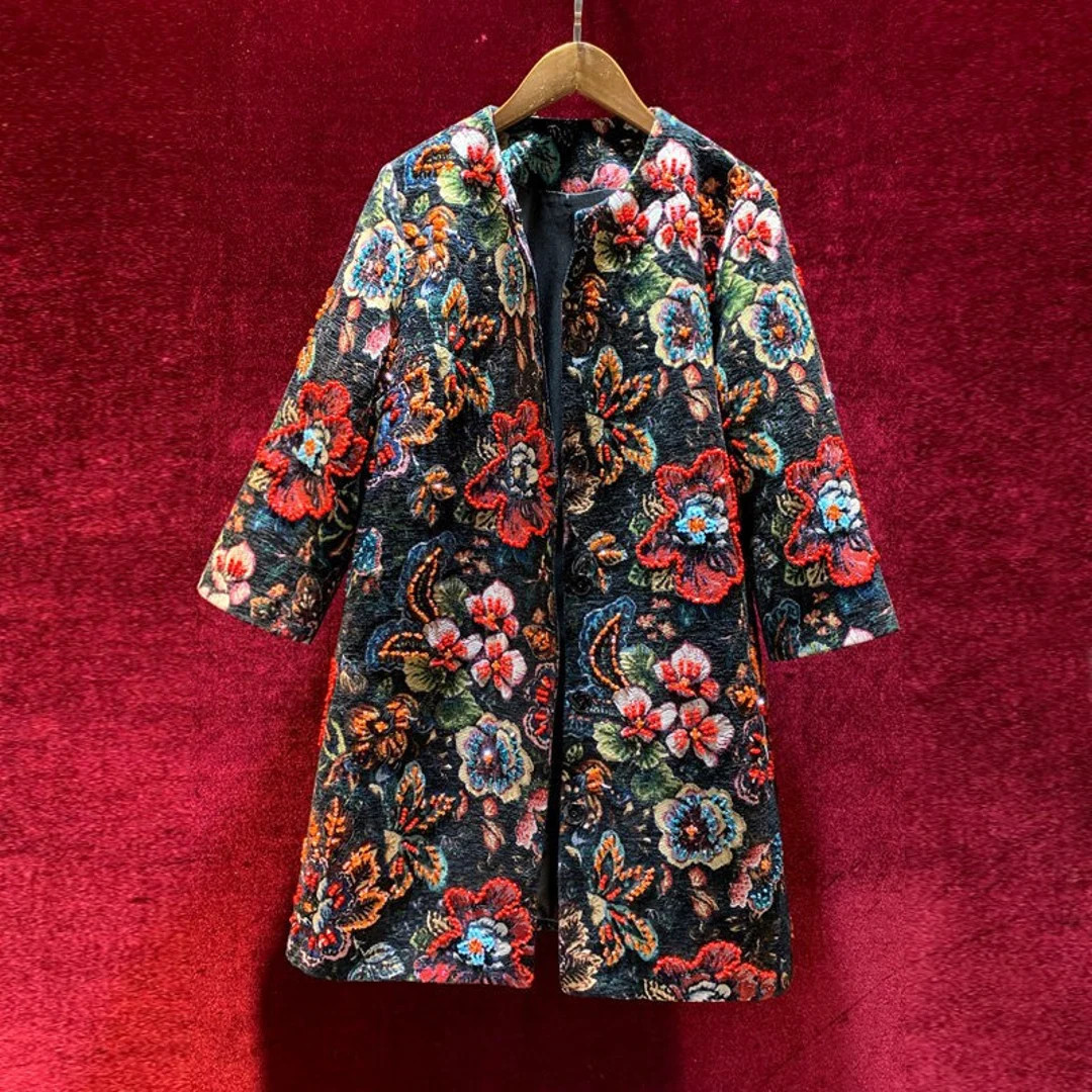 Vintage French Jacquard Jacket, 3D Floral Embellished Jacket, Designer Streetwear beaded Jacket C... | Etsy (US)