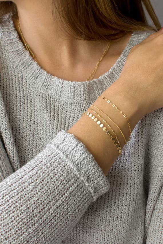 Dainty Chain Bracelet, Delicate Bracelets for Women, Layering Bracelet, Gold Chain, Coin, Tube, L... | Etsy (US)