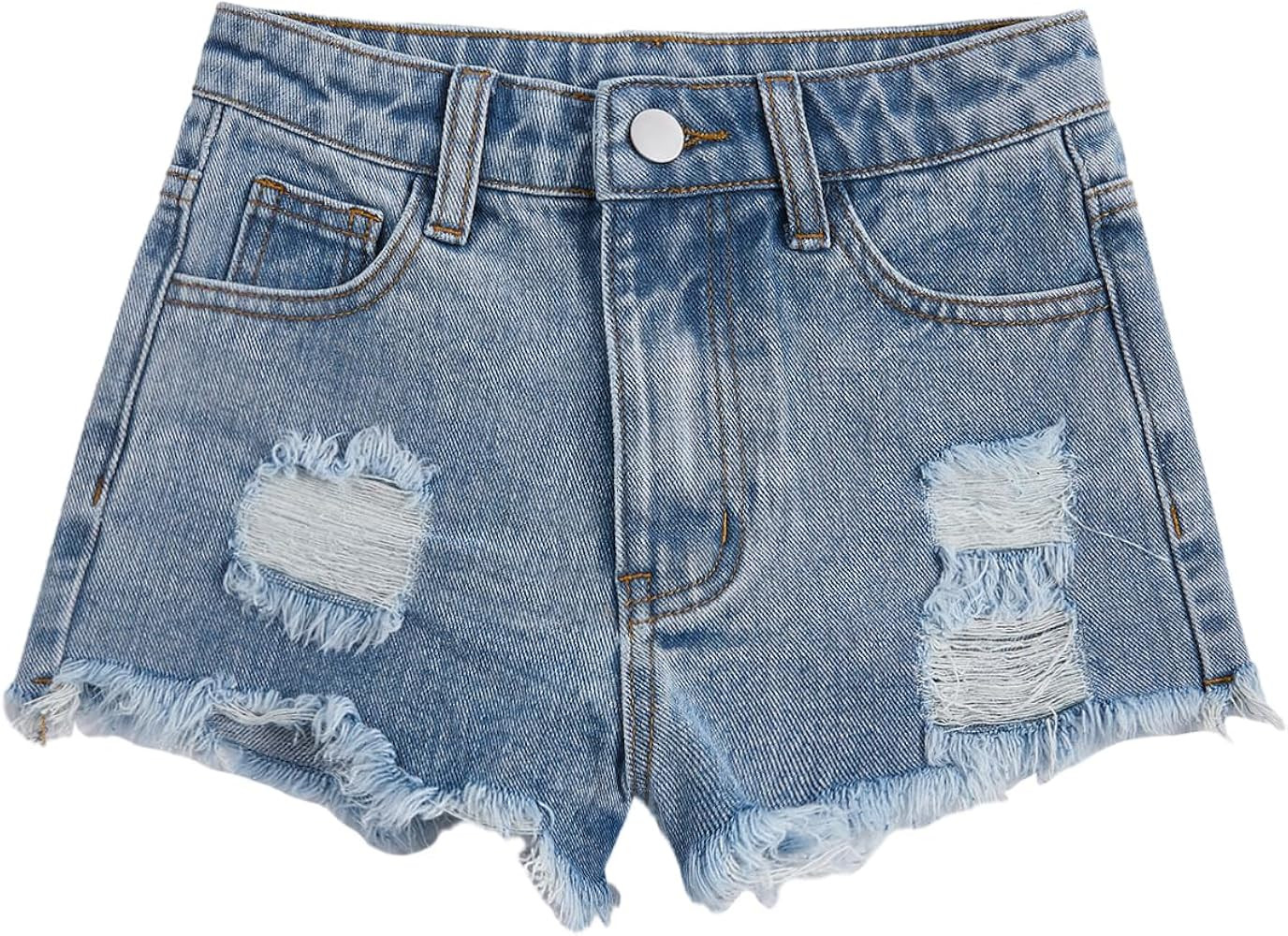 Floerns Girls Ripped Raw Trim Shorts High Waist Straight Leg Denim Shorts | Amazon (US)