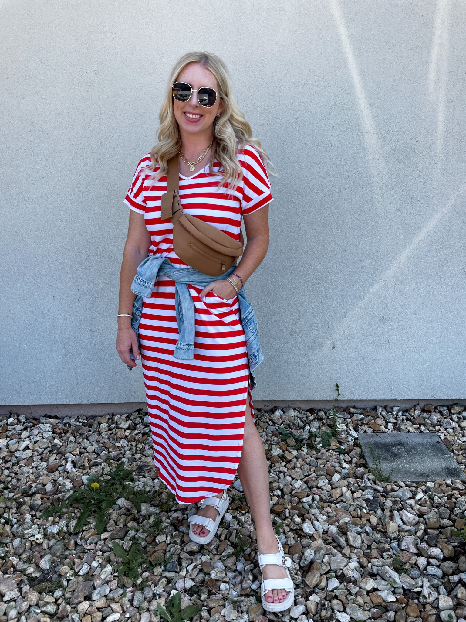 Walmart outfit, time and tru, red stripe dress, old navy jean jacket, white sandals, belt bag 

Wearing a medium 

#LTKstyletip #LTKSeasonal #LTKunder50