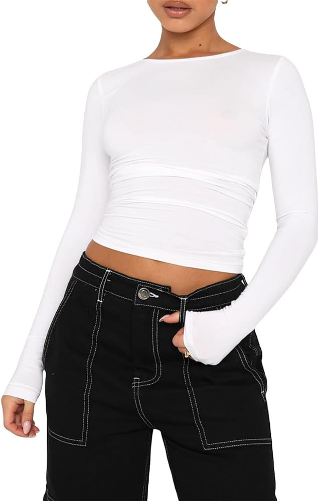 Cbsdezanos Dupes Y2k Long Sleeve Sexy Fitted Crop T Shirt Women Long Sleeve Slim Fit Basic Tops C... | Amazon (US)
