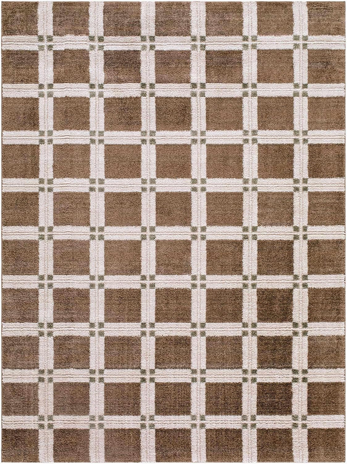 Talos Area Rug - Checkered Geometric Square Plaid Lattice - Contemporary Modern Minimalist Transitional Farmhouse - Dark Brown, Off - White, Light Gray, Brown, Cream - 5'3" x 7' | Amazon (US)