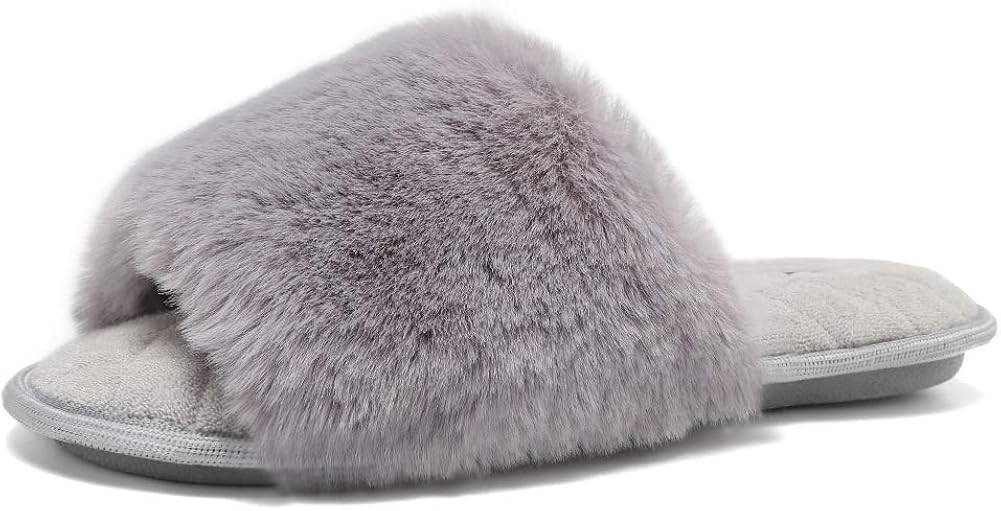 FANTURE Women's Furry Faux Fur Slippers Cozy Memory Foam House Slippers Soft Comfy Flat Slide San... | Amazon (US)