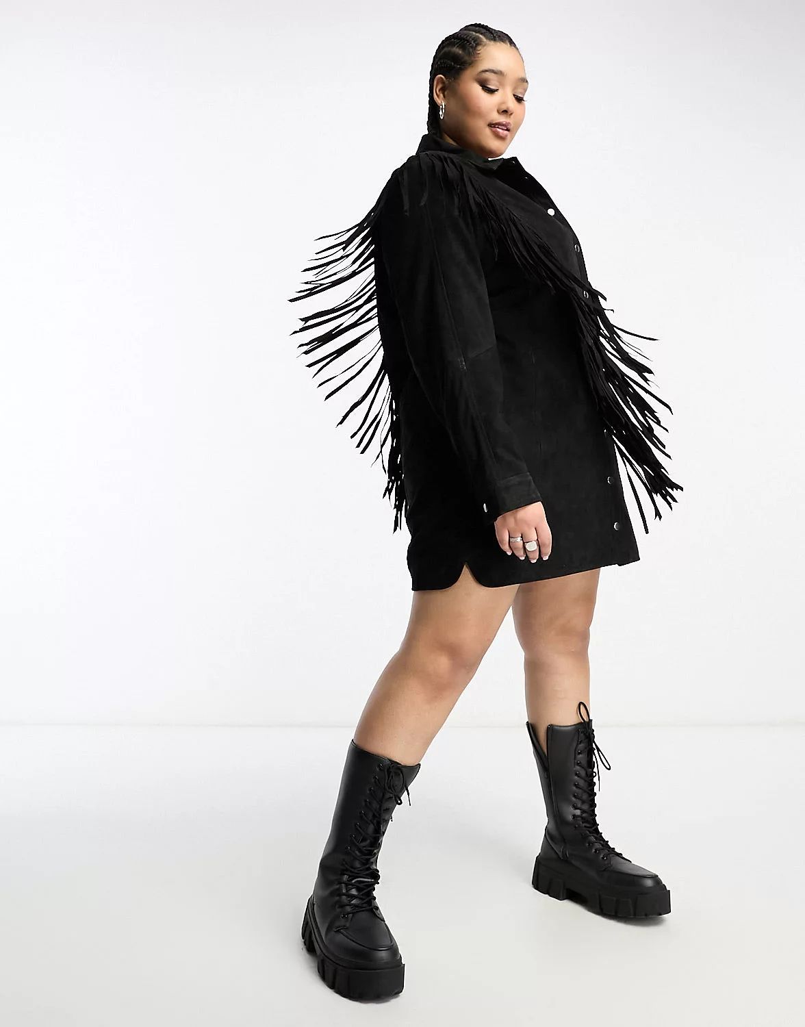 Urbancode curve real leather button down fringe dress in black | ASOS | ASOS (Global)