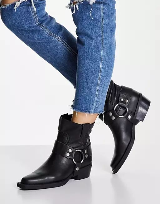Bronx heeled harness western boots in black leather | ASOS (Global)
