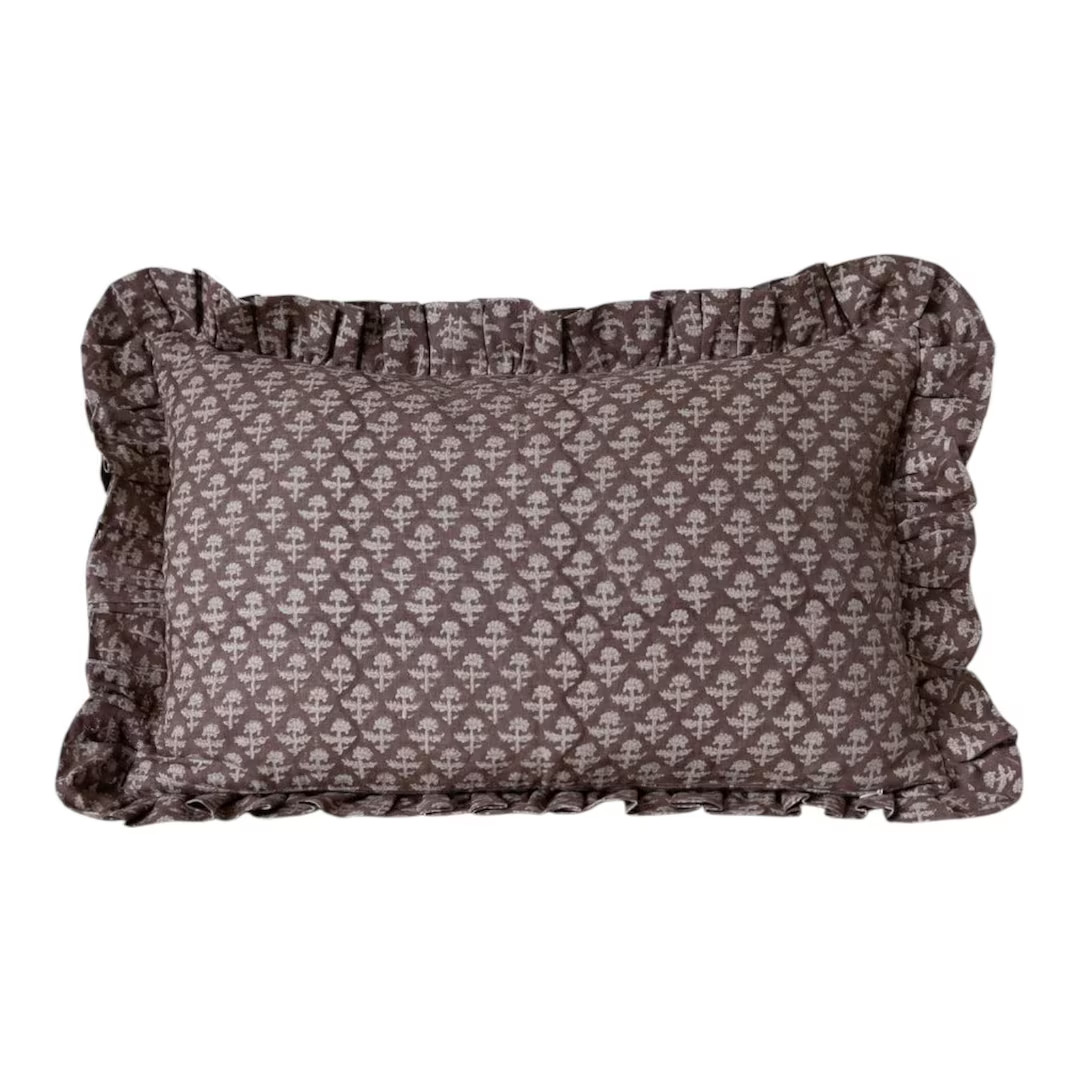 Designer draper Floral Block Print Pillow Cover With Ruffles // Brown Linen Pillow Cover // Bouti... | Etsy (US)