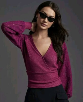 Anthropologie Sweater Womens Meduim Plum Knit Lace Puff Sleeves V Neck  | eBay | eBay US