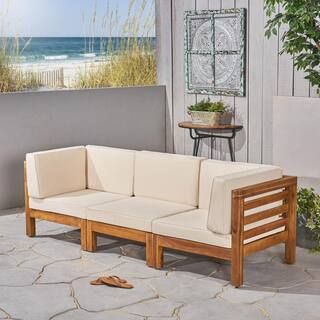 Noble House Jonah Teak Brown 3-Piece Wood Outdoor Sofa with Beige Cushions 54994 | The Home Depot