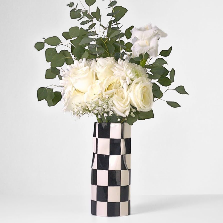 Medium Checkered Vase, Modern Home Decor, Decorative Ceramic Flower Vase, Aesthetic Black & White... | Amazon (US)