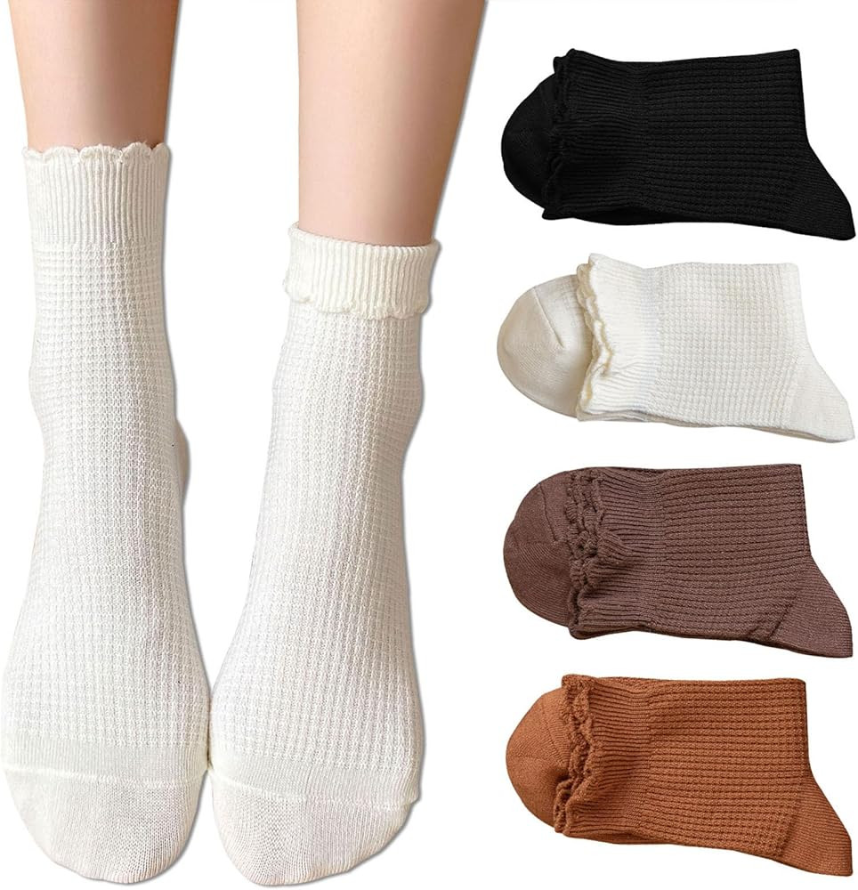 zrylibya Women Cute Ruffle Frilly Turn Cuff Ankle Socks Scalloped Pointelle Solid Casual Crew Soc... | Amazon (US)
