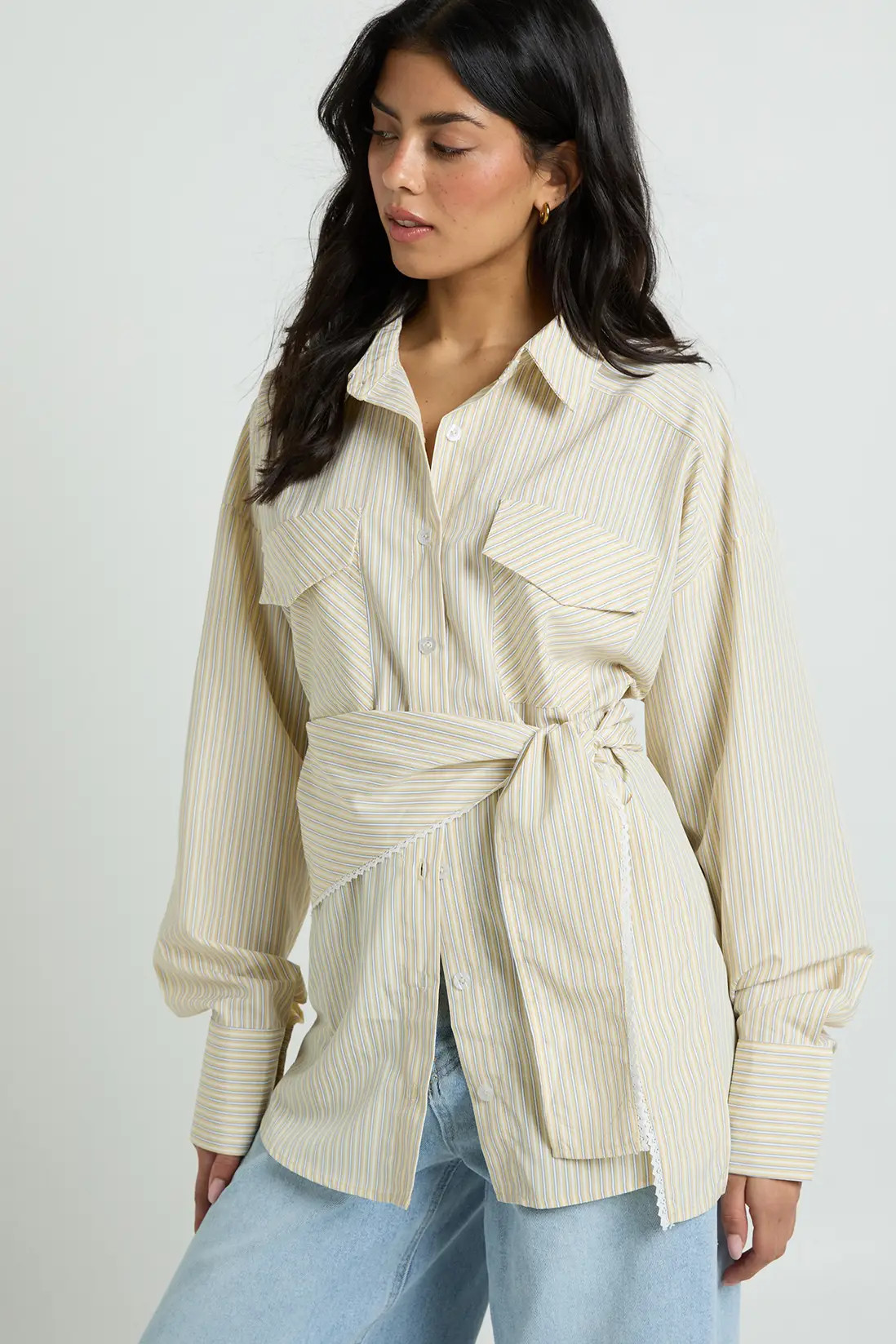 Lemon Oversized Woven Stripe Shirt With Waist Tie | Boohoo USA | boohoo (US & Canada)