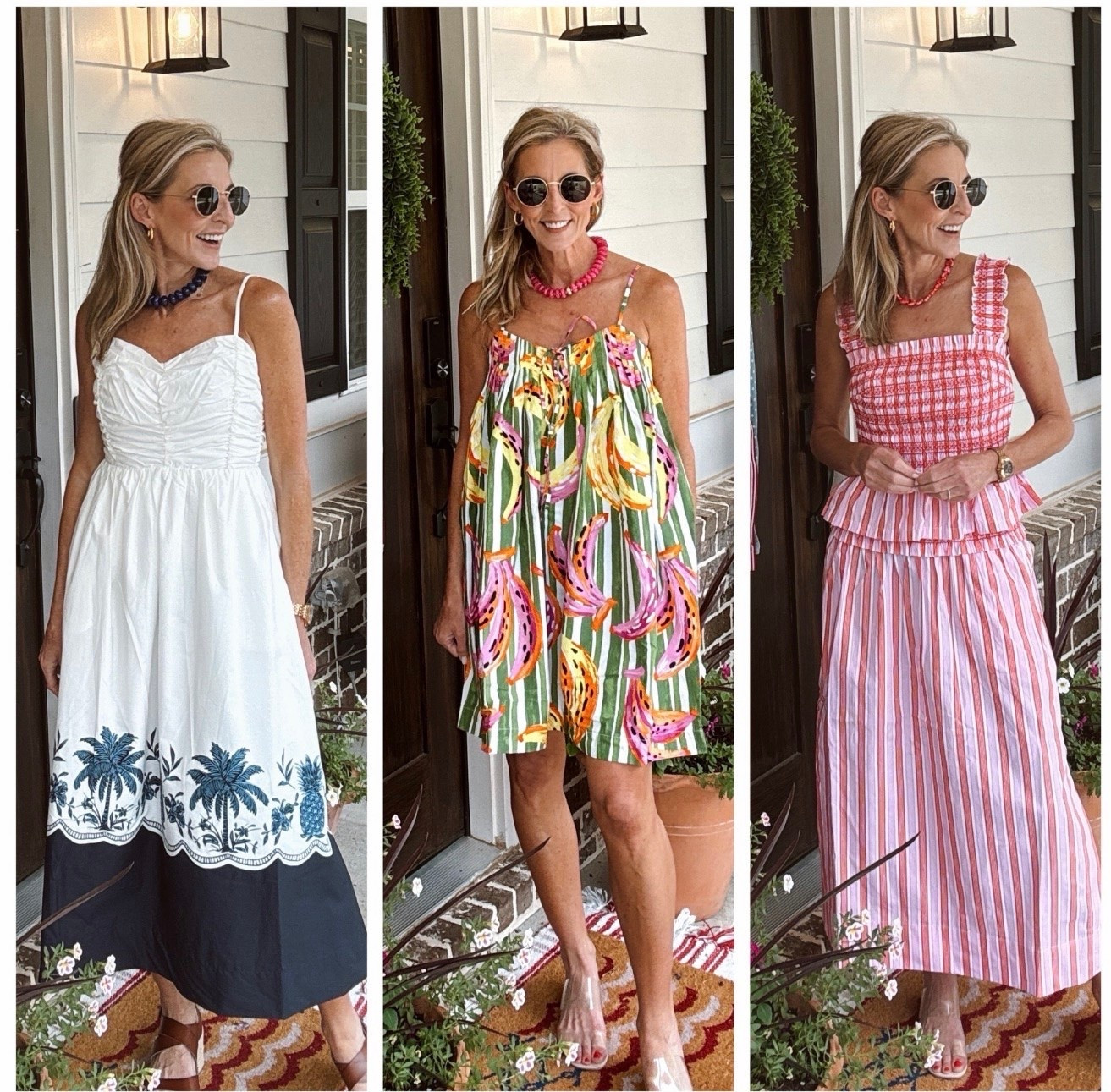 Anthro, Tuckernuck, or Walmart … I will let the under $40  price tag tell you! Comment Walmart for all links and more! 

Walmart really came to say, “Don’t count us out.” These dresses look like they belong in an Anthropologie fitting room, but every single one is Walmart and under $40. The palm print maxi is giving coastal vacation.The colorful fruit dress is giving summer resort. And that striped set? It looks way more expensive than it is.