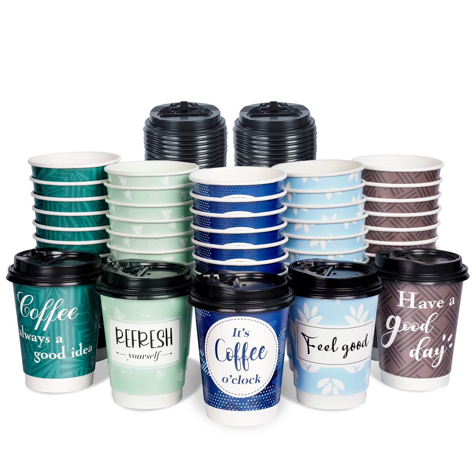 Disposable Coffee Cups with Lids 12 oz, 50 Pack Double-Walled Paper Coffee Cups with Fun Designs,... | Amazon (US)
