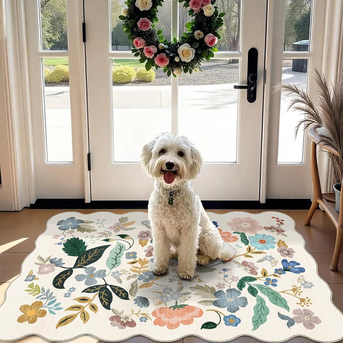 Washable 2x3 Entryway Scalloped Rug: Floral Thin Door Mat Non Slip Water Resistant Kitchen Bathro... | Wayfair North America