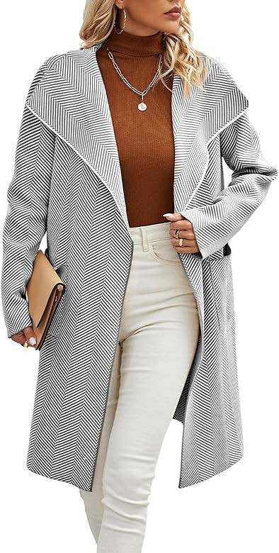 ECOWISH Women Cardigan Jacket Coat - Fall 2023 Knit Lapel Long Sleeve Striped Casual Open Front S... | Amazon (US)