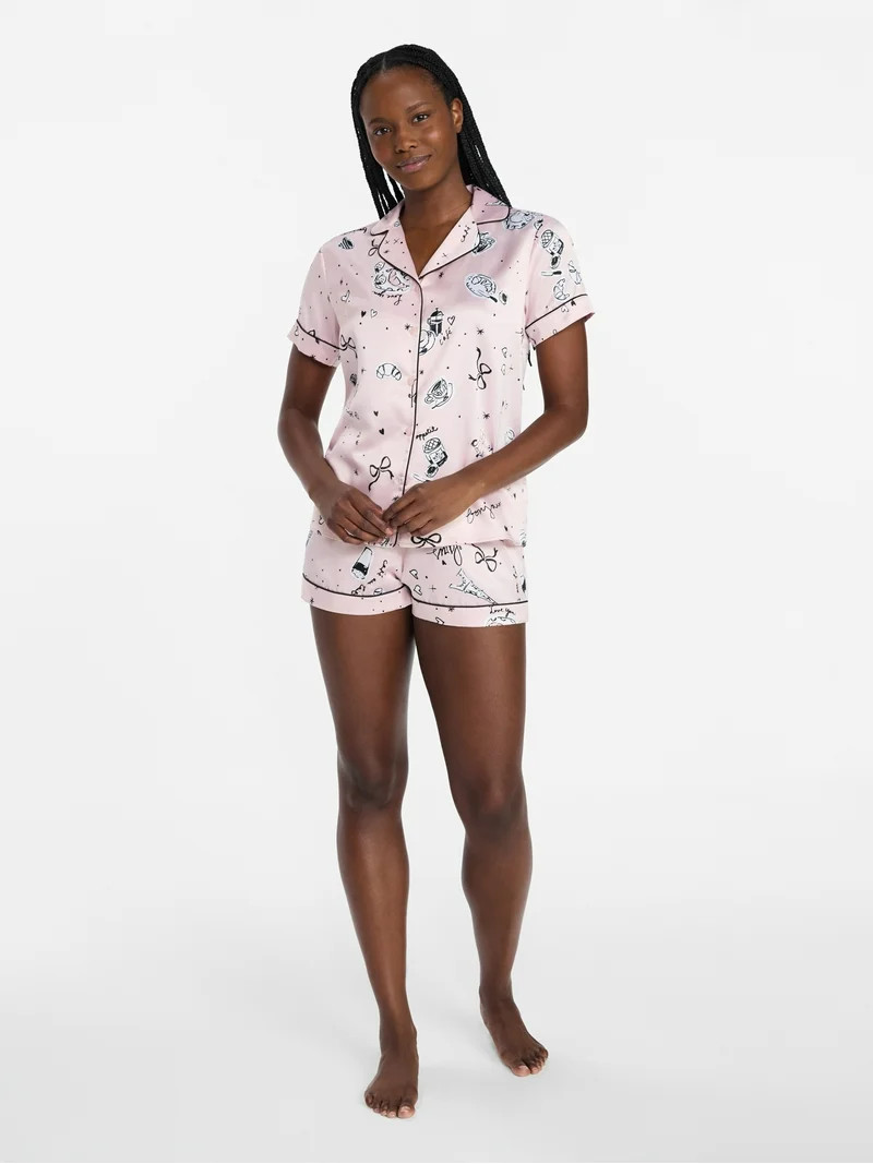 Joyspun Women’s Stretch Satin Short Sleeve Top and Shorts Pajama Set, Sizes XS-3X | Walmart (US)
