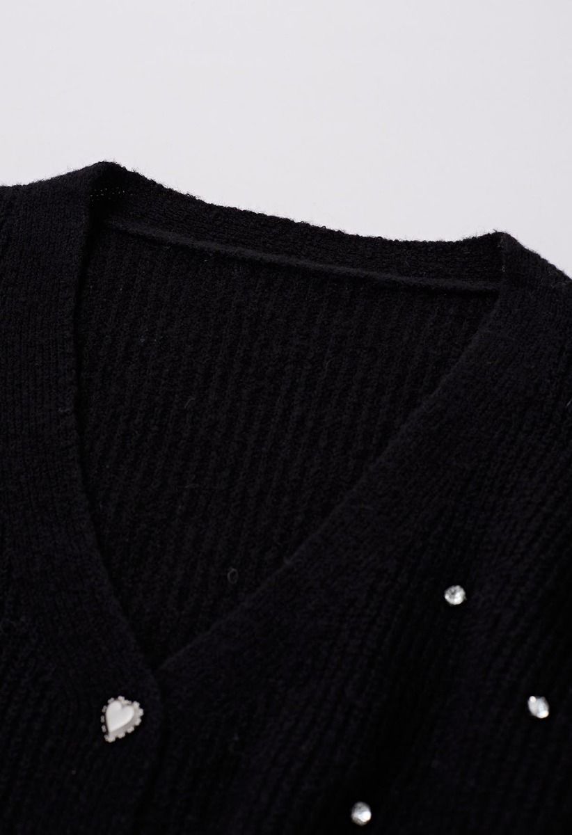 Rhinestone Embellished Button Down Knit Cardigan in Black | Chicwish