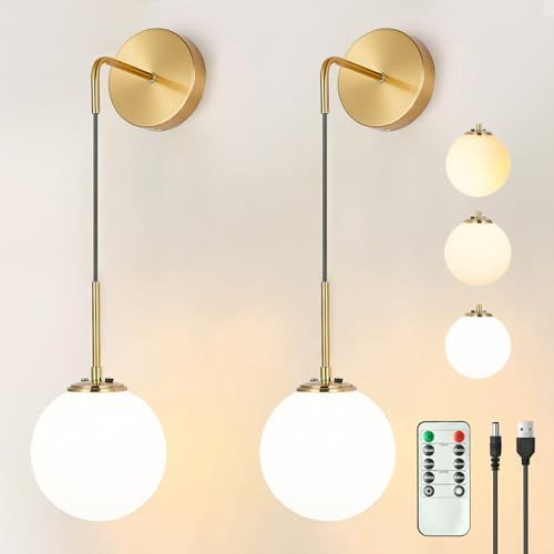 PEESIN Battery Wall Sconces Set of Two, Mid-Century Modern Battery Operated Wall Sconce with Glass Globe, Chargeable Battery Wall Sconce, 2 Pack Rechargeable Wall Sconce for Living Room, Bedroom | Amazon (US)