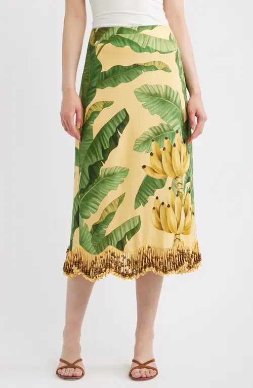 FARM Rio Botanical Fruit Print Beaded Fringe Midi Skirt in Fruit Leaves Banana at Nordstrom, Size Small | Nordstrom