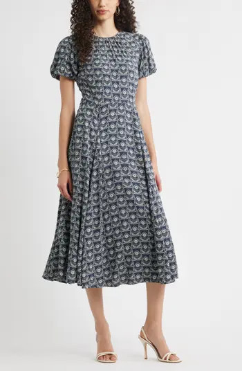 Shirred Neck Puff Sleeve Midi Dress | Nordstrom
