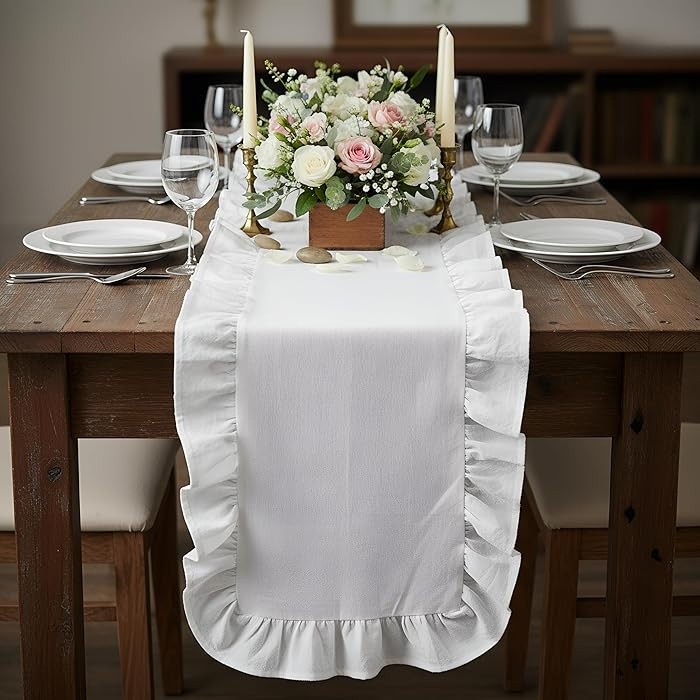 Oudain White Ruffle Table Runner Cotton Fabric 118 x 13.8'' Farmhouse Rustic Ruffled Edge Table R... | Amazon (US)