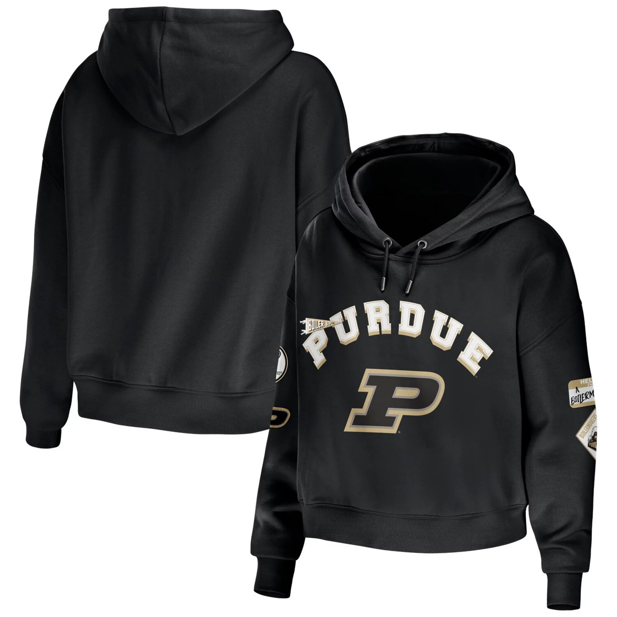 Women's WEAR by Erin Andrews Black Purdue Boilermakers Mixed Media Cropped Pullover Hoodie | Kohl's