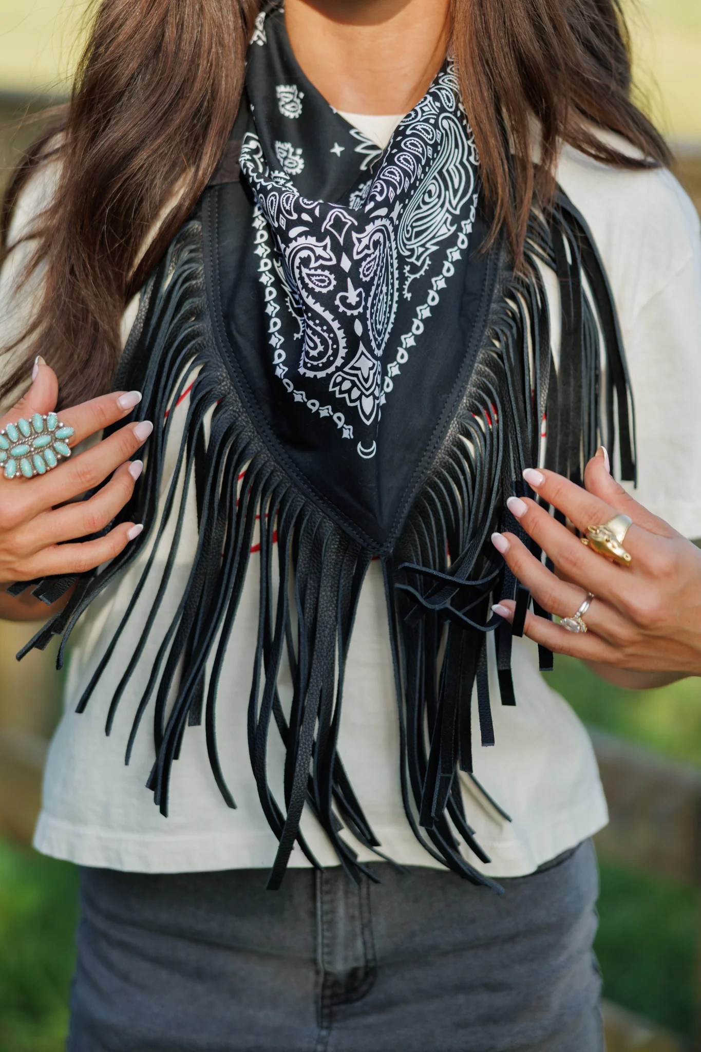 Leather Fringe Bandana in Black on Black | Glitzy Bella
