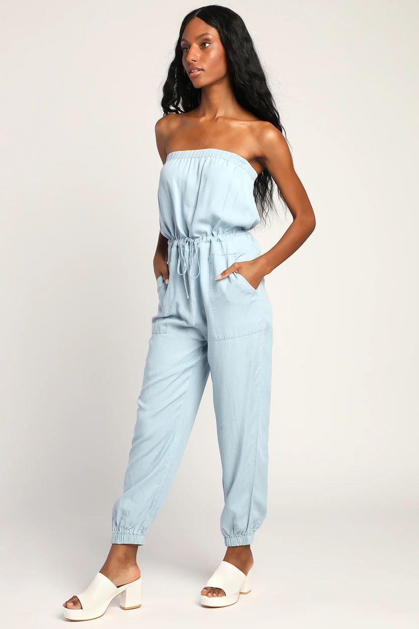 Best Days Out Light Blue Strapless Chambray Drawstring Jumpsuit | Lulus (US)