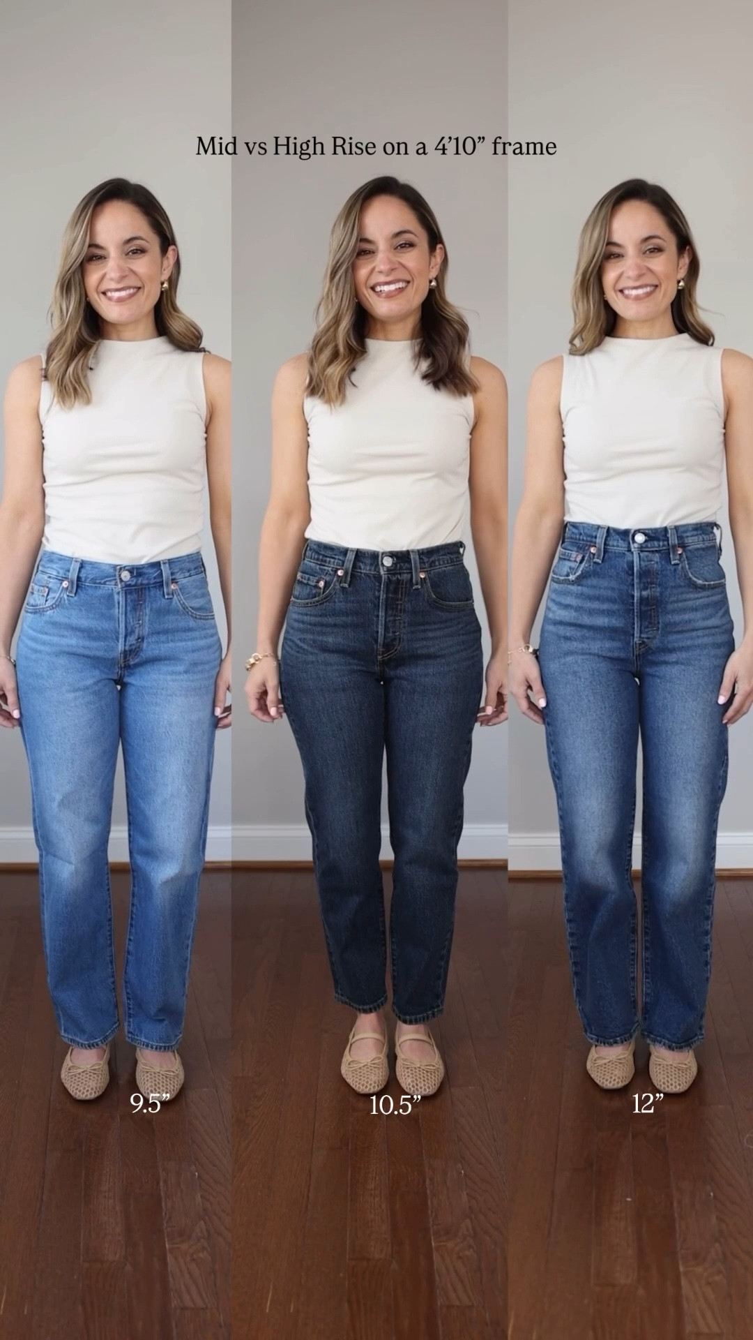 Mid vs High rise on my petite frame! 

Finding the right rise and inseam for your frame is a delicate balance. The inseam is important for overall length but the rise can visually change your proportions. Once you find your perfect balance, it will make shopping for jeans online so much easier. 

Here is how a mid to ultra high rise looks on my frame. I have balanced proportions for my height and in my opinion my perfect rise is 10.5”. 

Jeans from left 

Levi’s 501 90s ankle jeans: 23 x 27” inseam size down | 9.5” rise | sleep hours wash 
Levi’s 501 cropped jeans 24 x 26” inseam true to size | 10.5” rise | apply now wash 
Levi’s rib cage straight: 25 x 27” inseam size up | 12” inseam | on my honor wash 
Top (WHBM): xxs in pumice 

My measurements for reference: I’m 4’10” and 105lbs. My bust, waist, and hip measurement is 32”, 24”, and 36”.

#LTKPetite