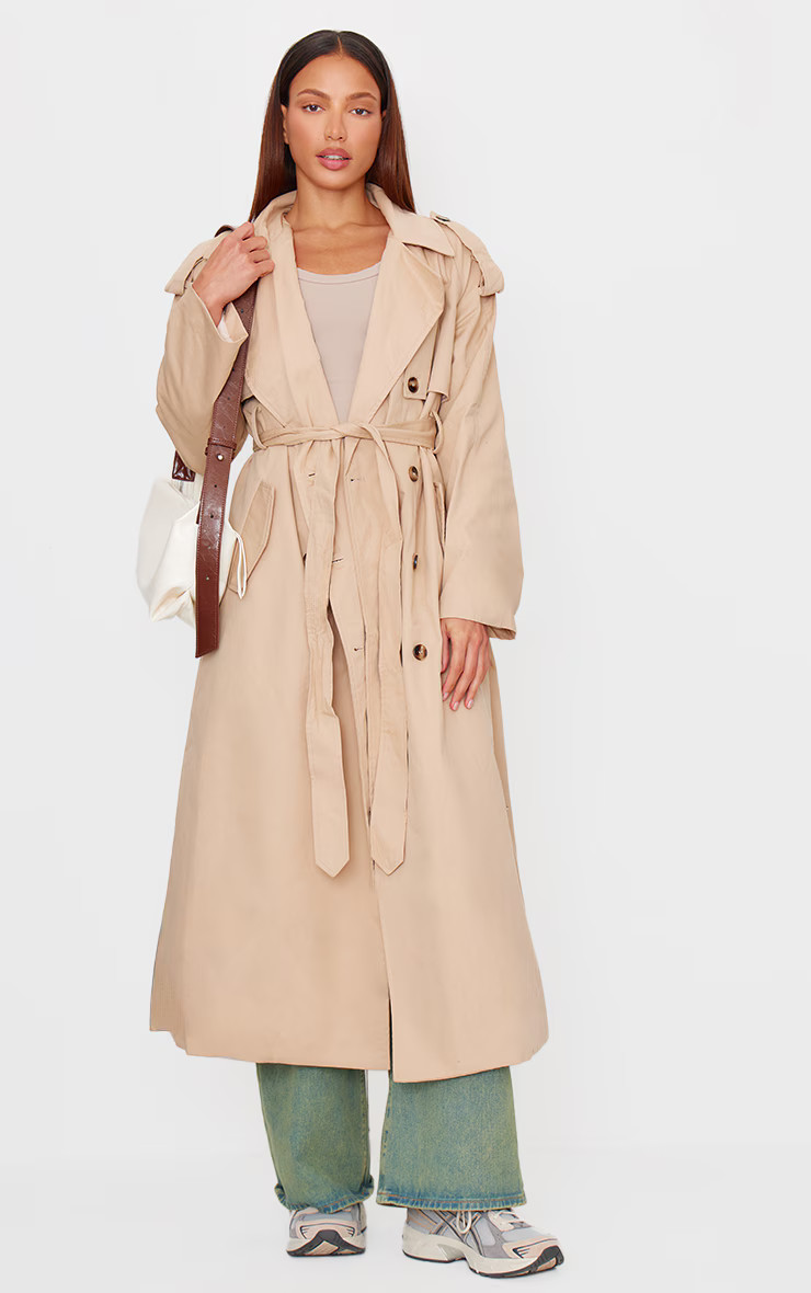 Beige Belted Double Breasted Trench Coat | PrettyLittleThing IE