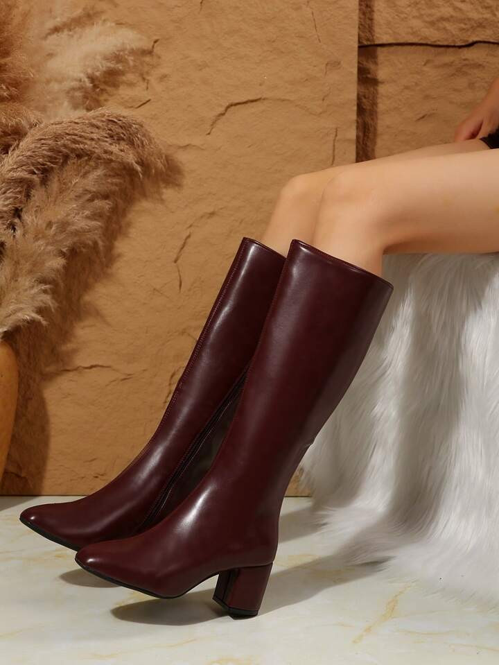 Inspired Patent Leather Square Toe Tall Boots, Slim Fit Chunky Heel Riding Boots For Women, Autumn/Winter | SHEIN