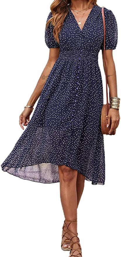 PRETTYGARDEN Women's Floral Wrap V-Neck Midi Dress Short Sleeve Boho Summer Beach Long Dress High... | Amazon (US)