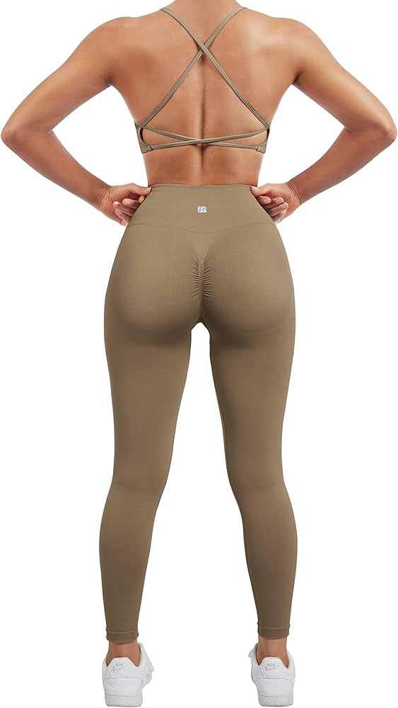 SUUKSESS Women Seamless Workout Sets Strappy Sports Bra High Waist Booty Leggings Outfits | Amazon (US)
