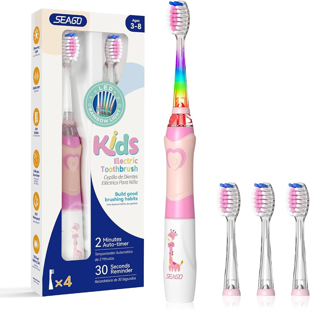 SEAGO Kids Electric Toothbrush, Timer, LED Light, AAA-Powered, 4 Heads | Amazon (US)