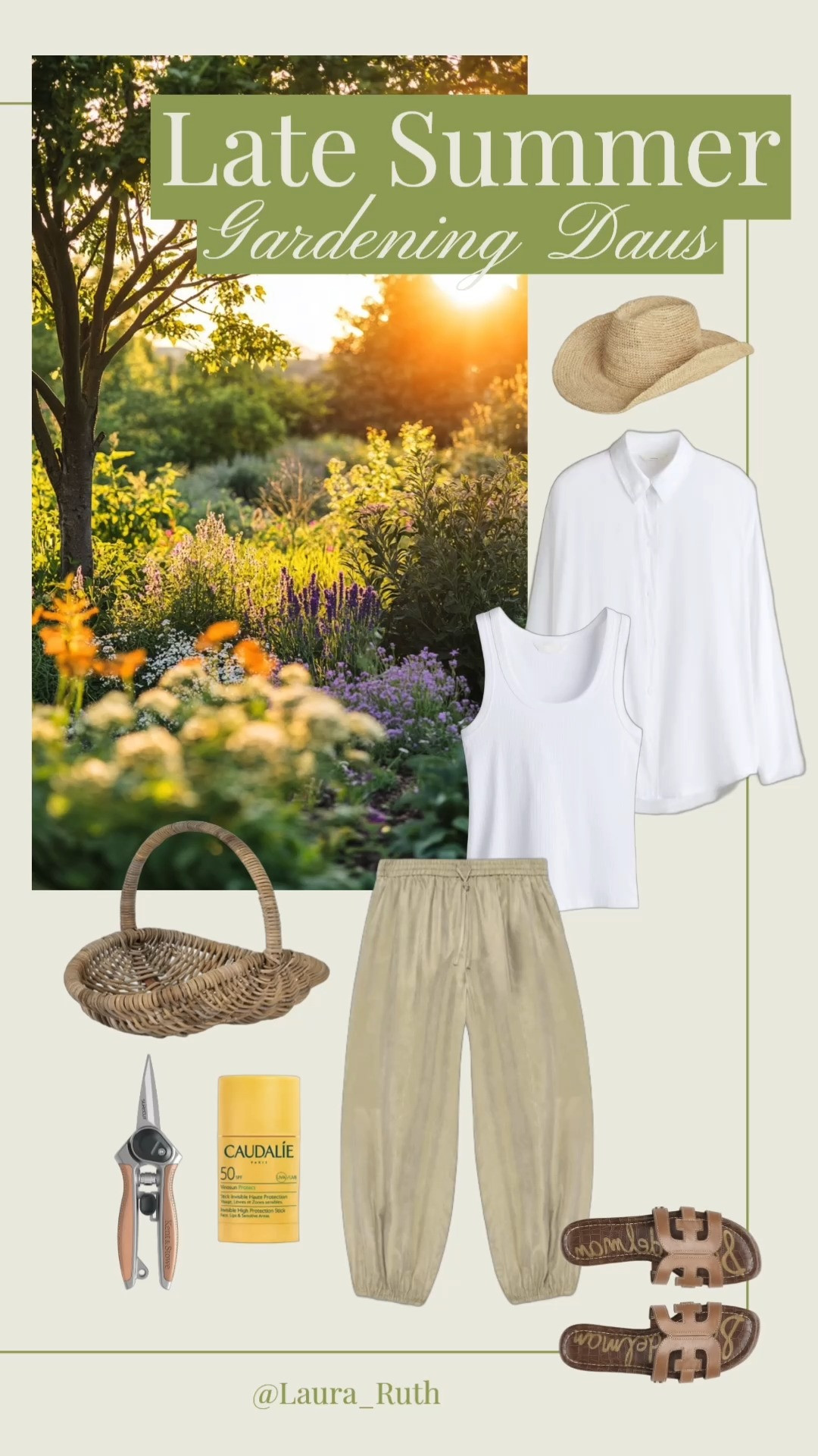 For those magical late summer gardening days in August 🌿✨A simple, practical outfit paired with the little essentials that make time in the garden even more enjoyable. Think a white vest, khaki balloon trousers, comfy tan sandals, a beautiful straw hat, SPF, garden snips and a trusty trug. Effortless, functional and made for soaking up golden afternoons.  

 #LTKuk #LTKsummer #LTKstyletip