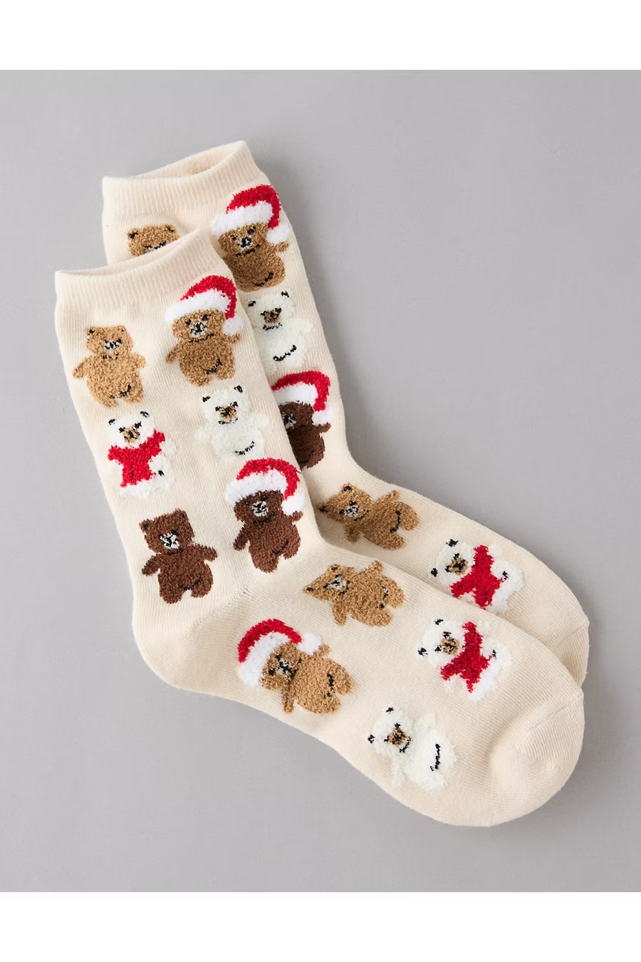 AE Holiday Teddy Bear Crew Socks Women's Latte One Size | American Eagle Outfitters (US & CA)