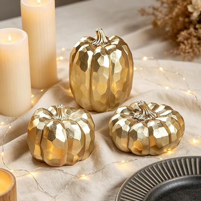 winemana 3 Pack Gold Pumpkins Fall Decorations for Home | Resin, Thanksgiving Decor, Artificial D... | Amazon (US)