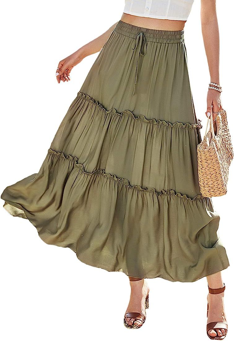 Floerns Women's A Line Ruffle Layered Flowy Beach Casual Long Maxi Skirt | Amazon (US)