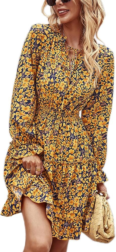 Angashion Women's Floral Print Dress Casual Long Sleeve Crewneck Ruffle Layer Short Mini Women Hi... | Amazon (US)