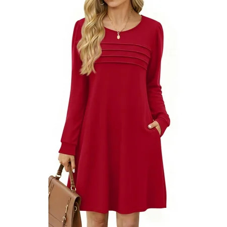 Fantaslook Pleated Long Sleeve Dresses for Women Fashion Fall Dresses Casual Dress with Pockets | Walmart (US)