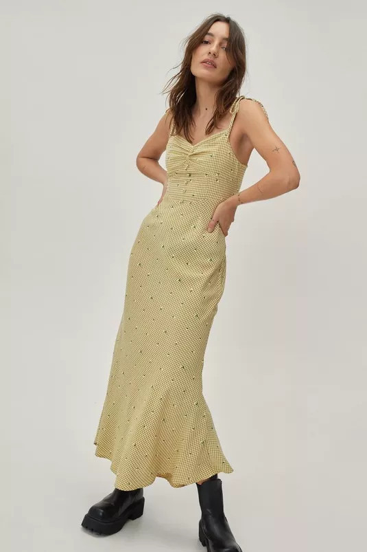 Petite Gingham Button Detail Midi Dress | Nasty Gal (US)