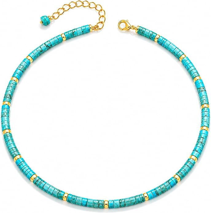 Natural Heishi Gemstone Choker Necklace for Women, Adjustable 15"+2" Beaded Layering Necklace, Co... | Amazon (US)