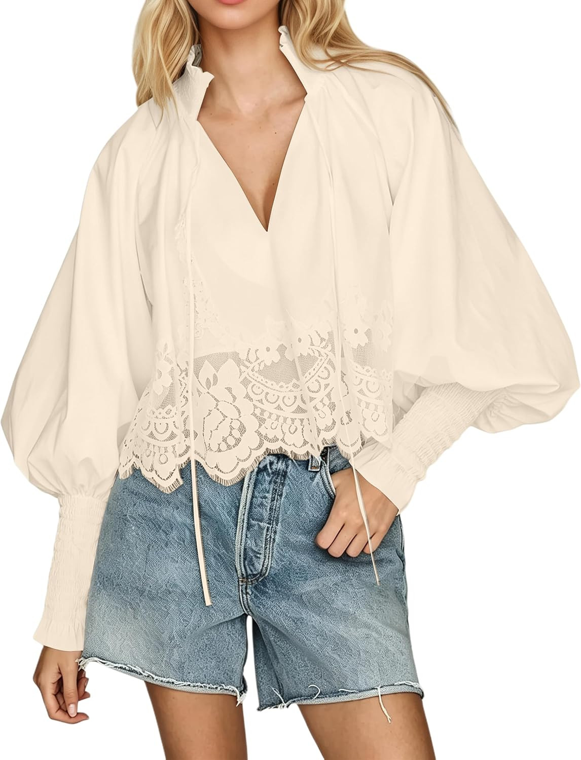 Women Lace Scalloped Trim Puff Long Sleeve Tie V Neck Shirt Top | Amazon (US)