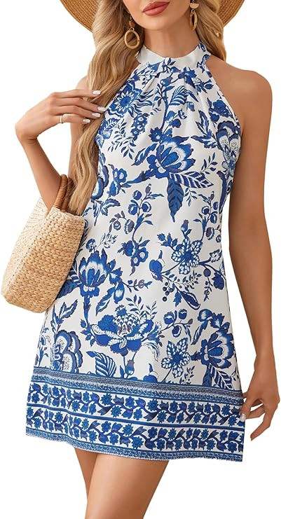 Floerns Women's Sleeveless Floral Print Sundress Halter Neck A Line Short Dress | Amazon (US)